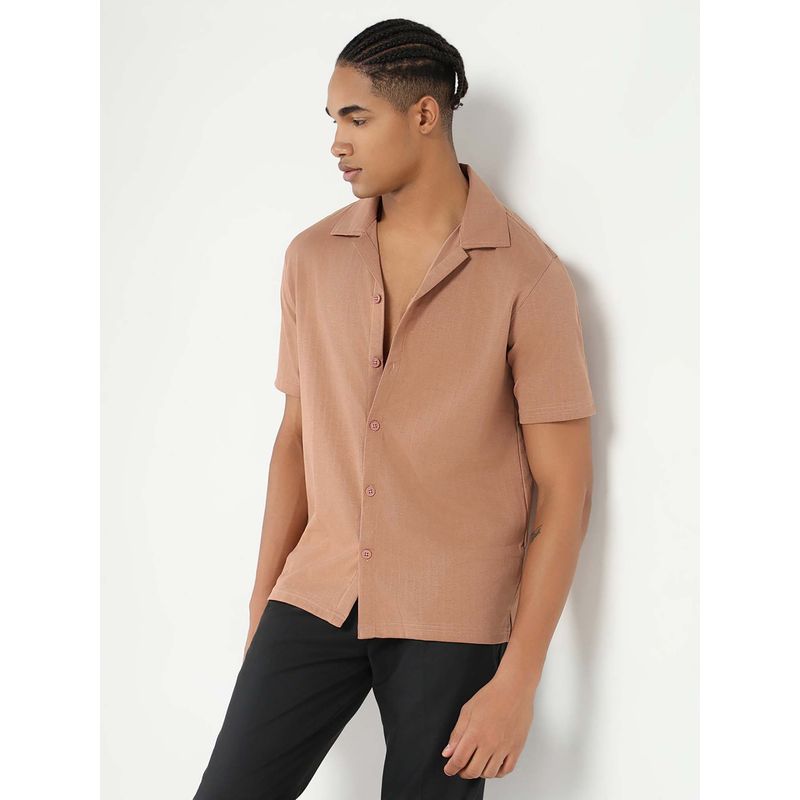 SHOWOFF Mens Camel Brown Cuban Collar Relaxed Fit Stripes Shirt (S)