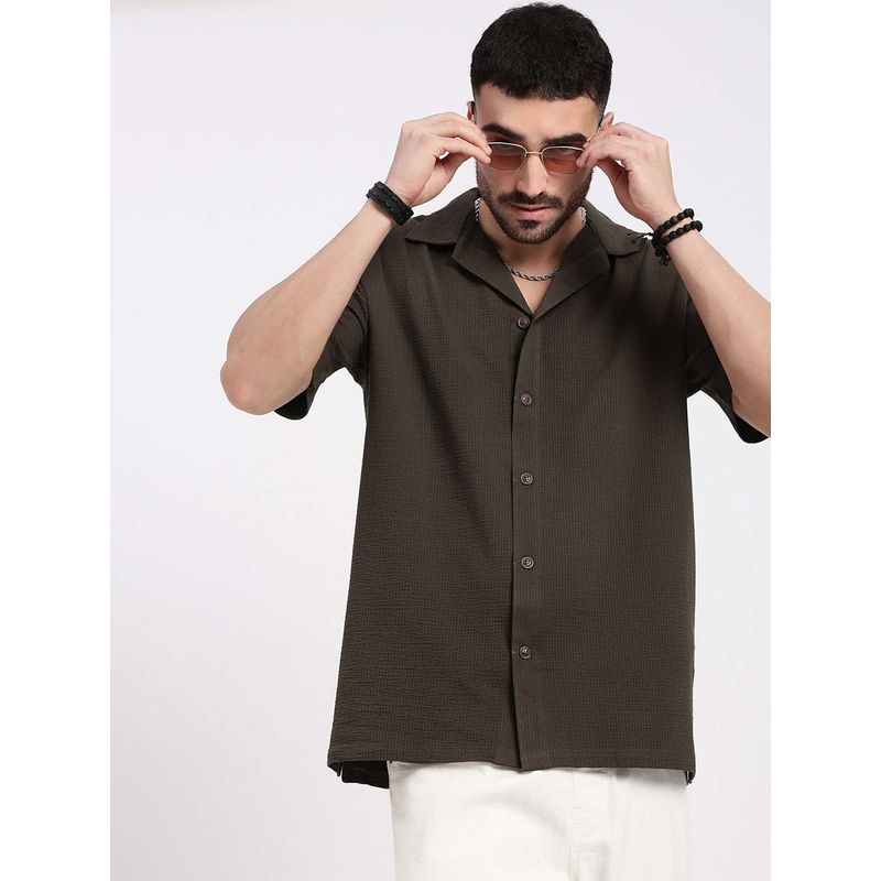 SHOWOFF Mens Brown Cuban Collar Relaxed Fit Textured Shirt (S)