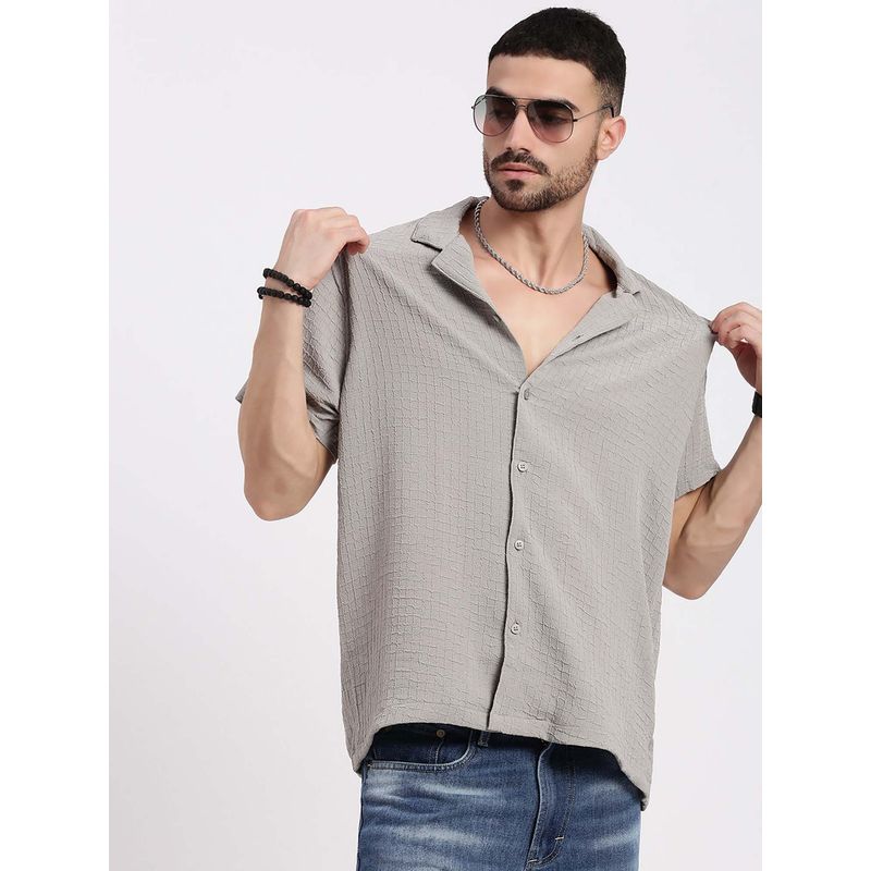 SHOWOFF Mens Grey Cuban Collar Relaxed Fit Textured Shirt (3XL)