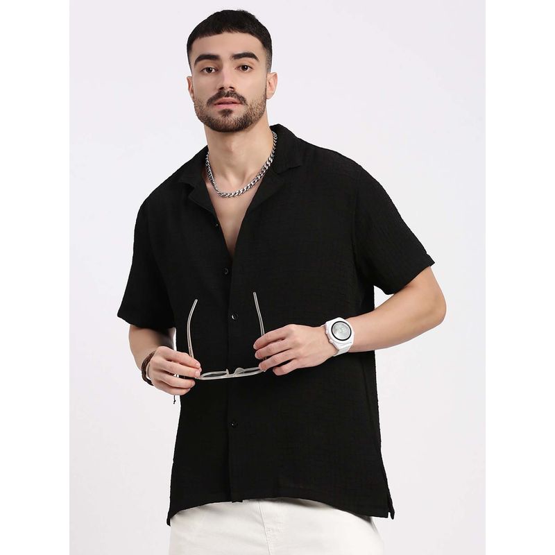SHOWOFF Mens Black Cuban Collar Relaxed Fit Textured Shirt (S)