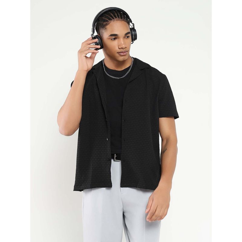 SHOWOFF Mens Black Cuban Collar Relaxed Fit Self Design Shirt (S)