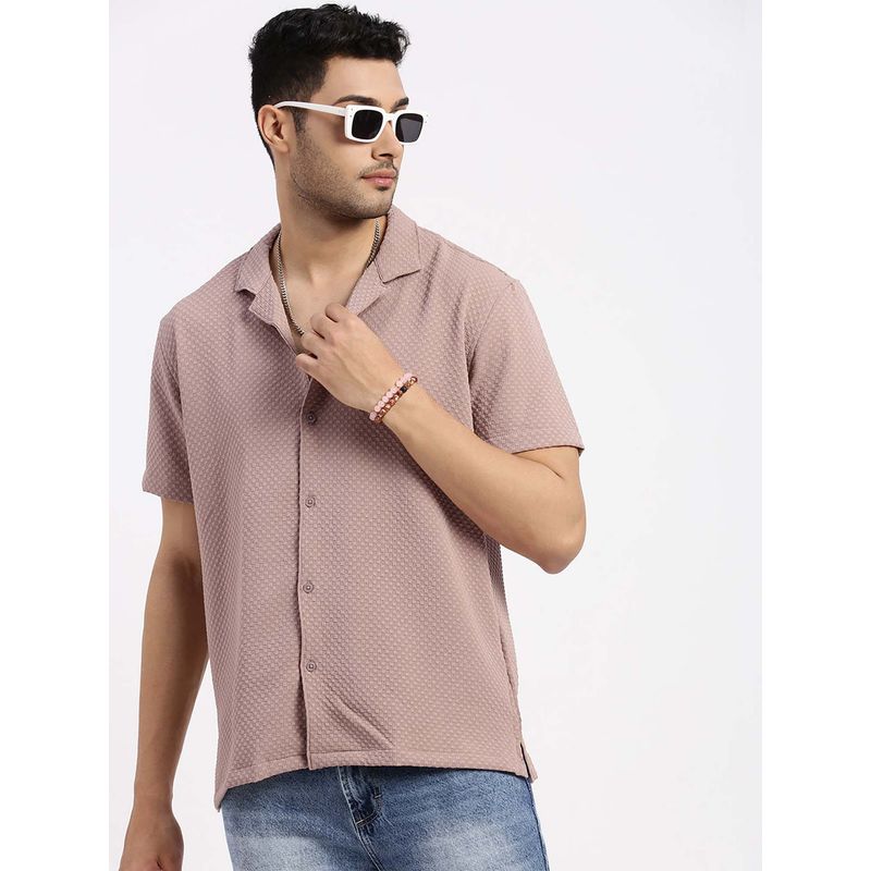 SHOWOFF Mens Mauve Cuban Collar Relaxed Fit Self Design Shirt (S)