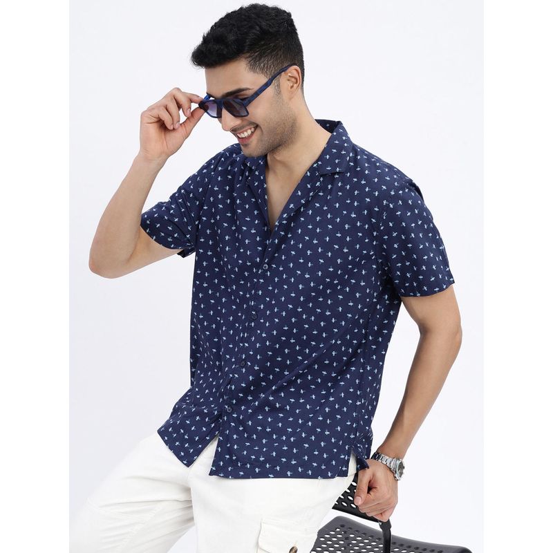 SHOWOFF Navy Blue Micro Ditsy Cuban Collar Relaxed Fit Shirt (L)