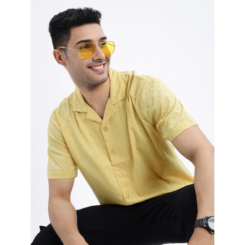 SHOWOFF Yellow Embroidered Cuban Collar Relaxed Fit Shirt (S)