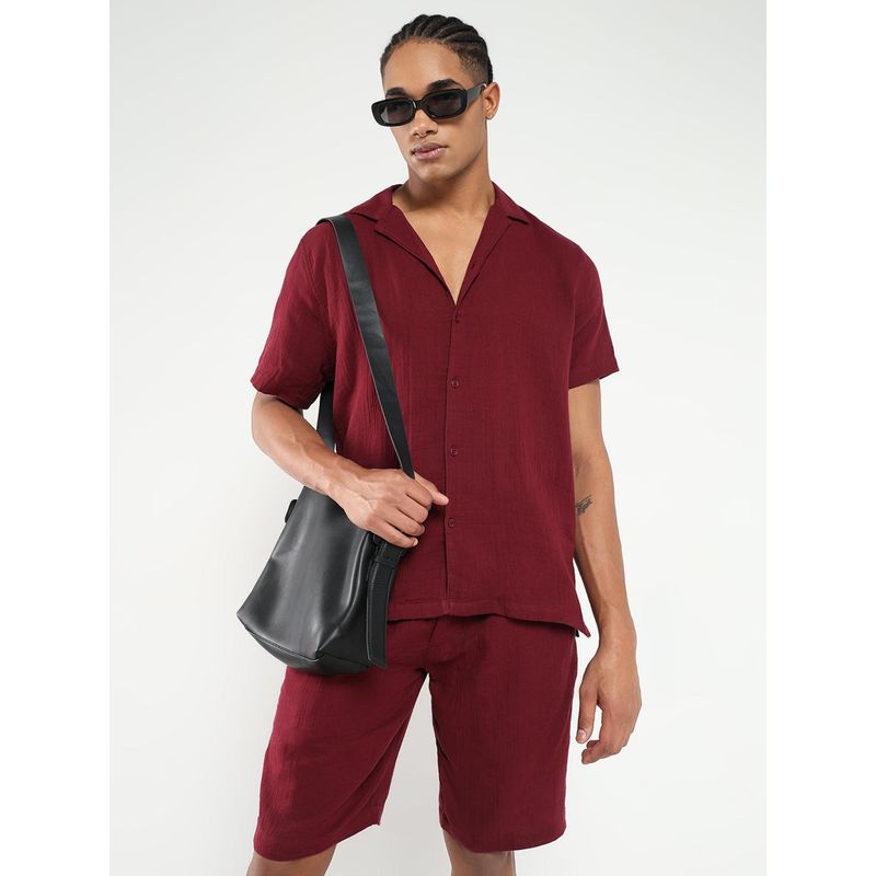 SHOWOFF Men Maroon Cuban Collar Solid Co-Ord (Set of 2) (S)