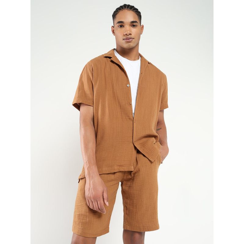 SHOWOFF Men Brown Cuban Collar Solid Co-Ord (Set of 2) (L)