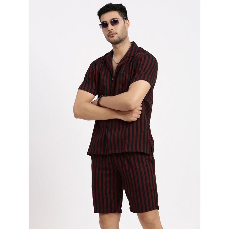 SHOWOFF Men Red Cuban Collar Striped Co-Ord (Set of 2) (S)