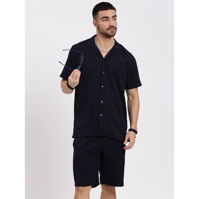 SHOWOFF Men Navy Blue Cuban Collar Solid Co-Ord (Set of 2) (L)