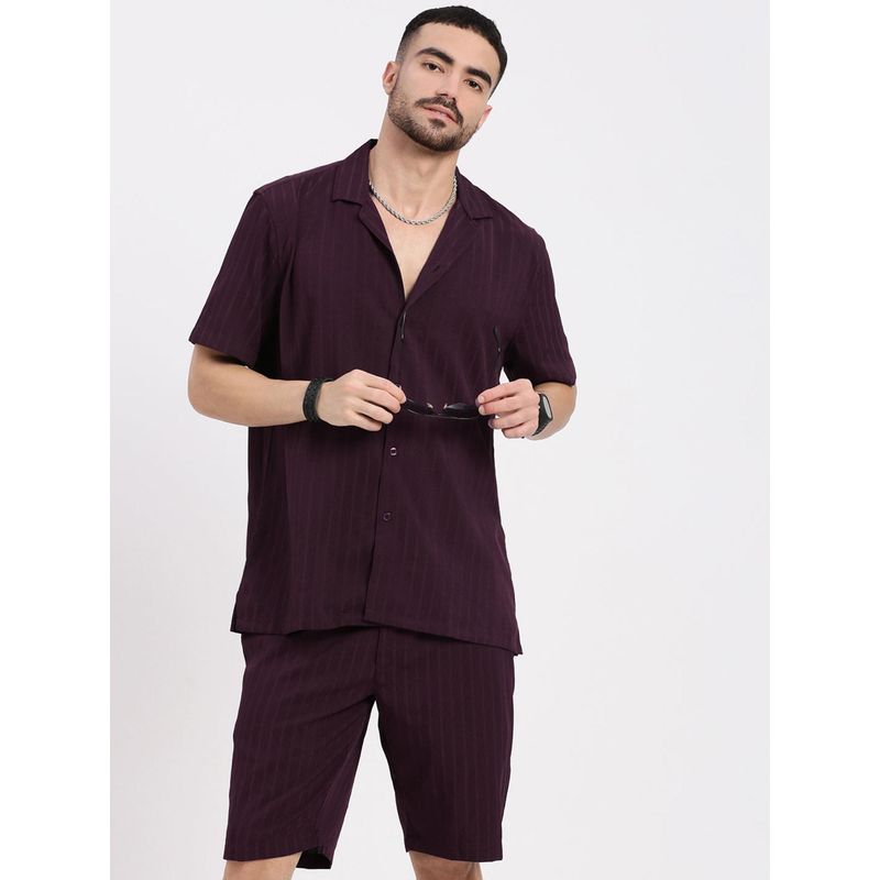 SHOWOFF Men Purple Cuban Collar Solid Co-Ord (Set of 2) (2XL)