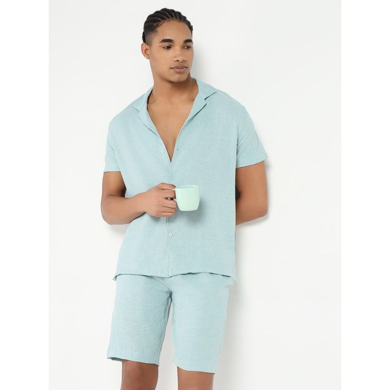 SHOWOFF Men Sea Green Solid Cuban Collar Co-Ord (Set of 2) (M)