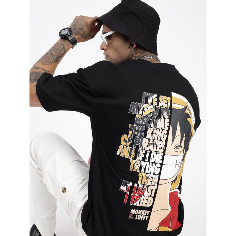 SHOWOFF Men Luffy Graphic Black Relaxed Fit T-Shirt (M)