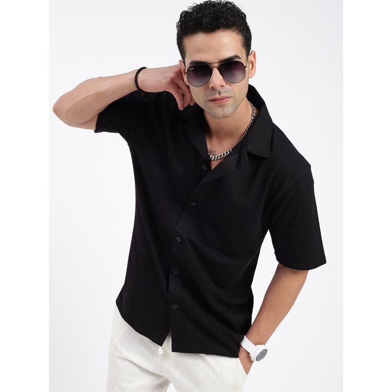 SHOWOFF Men Solid Black Cuban Notched Lapel Relaxed Fit Shirt (S)