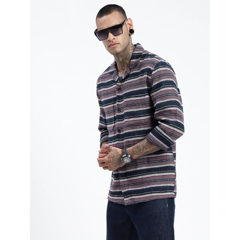 SHOWOFF Men Striped Navy Blue Cuban Notched Lapel Shacket (S)