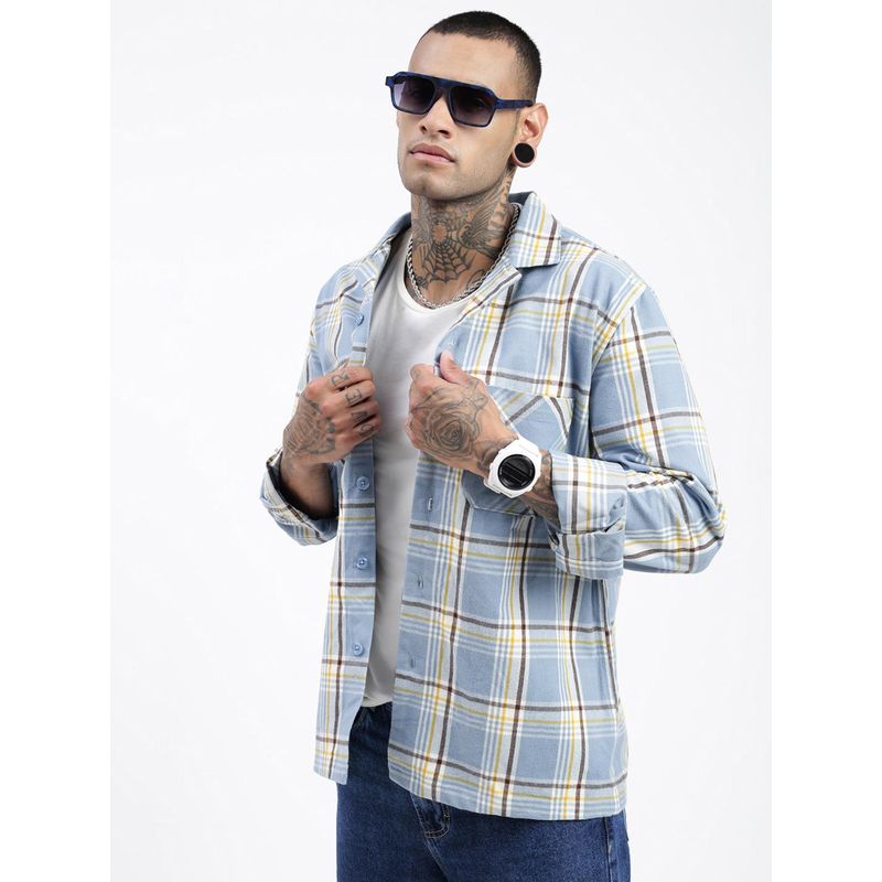 SHOWOFF Men Checked Blue Cuban Notched Lapel Shacket (S)