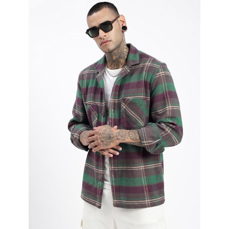 SHOWOFF Men Checked Green Cuban Notched Lapel Shacket (XL)