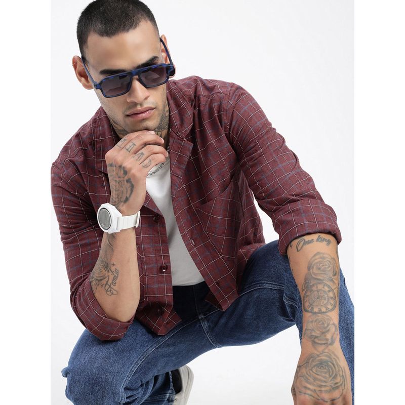 SHOWOFF Men Checked Maroon Cuban Notched Lapel Shacket (S)