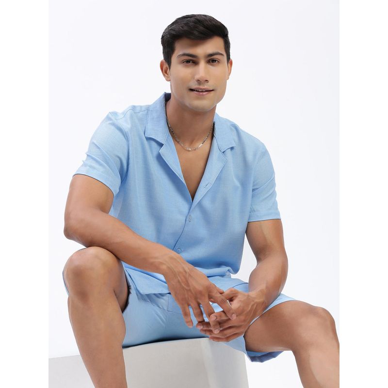 SHOWOFF Mens Cuban Collar Solid Blue Co-Ord (Set of 2) (S)