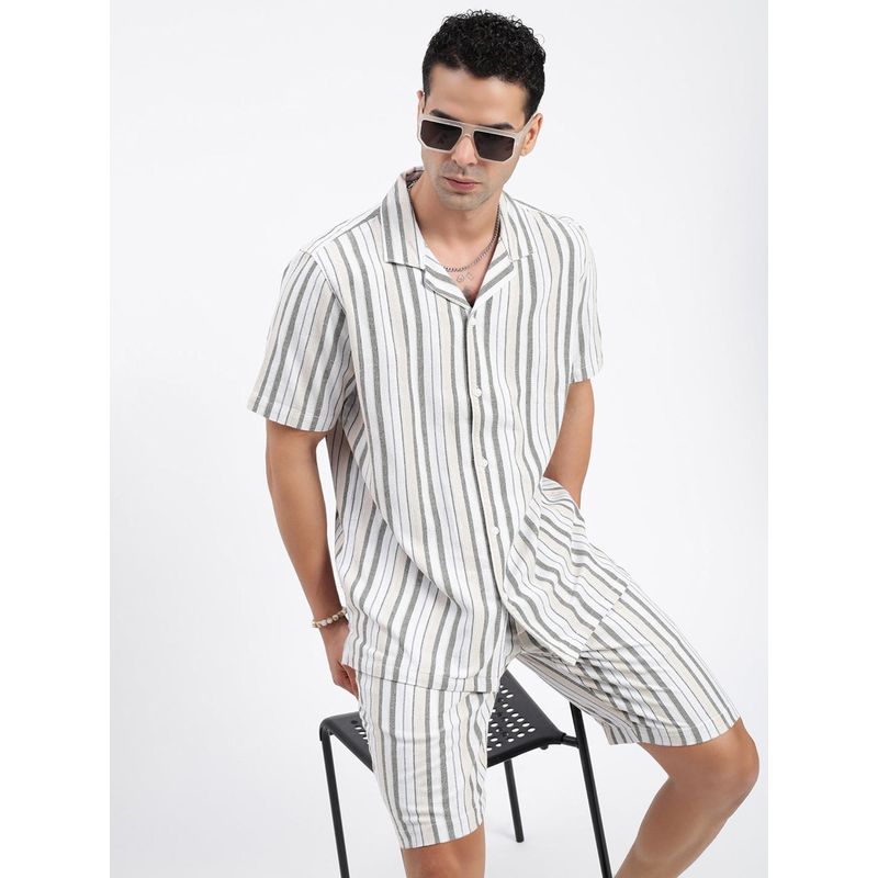 SHOWOFF Mens Cuban Collar Striped White Co-Ord (Set of 2) (S)