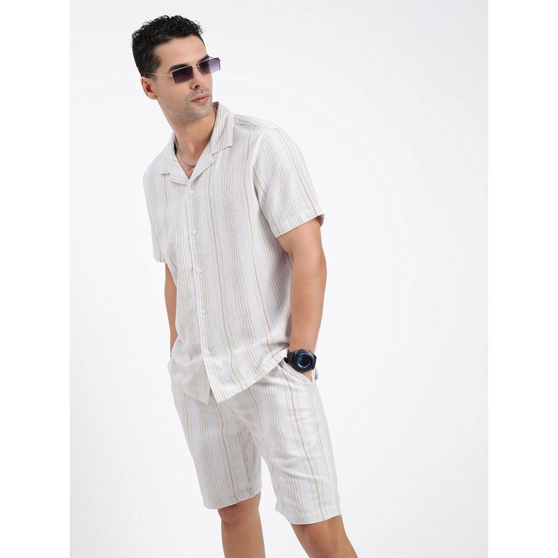 SHOWOFF Mens Cuban Collar Striped Cream Co-Ord (Set of 2) (3XL)