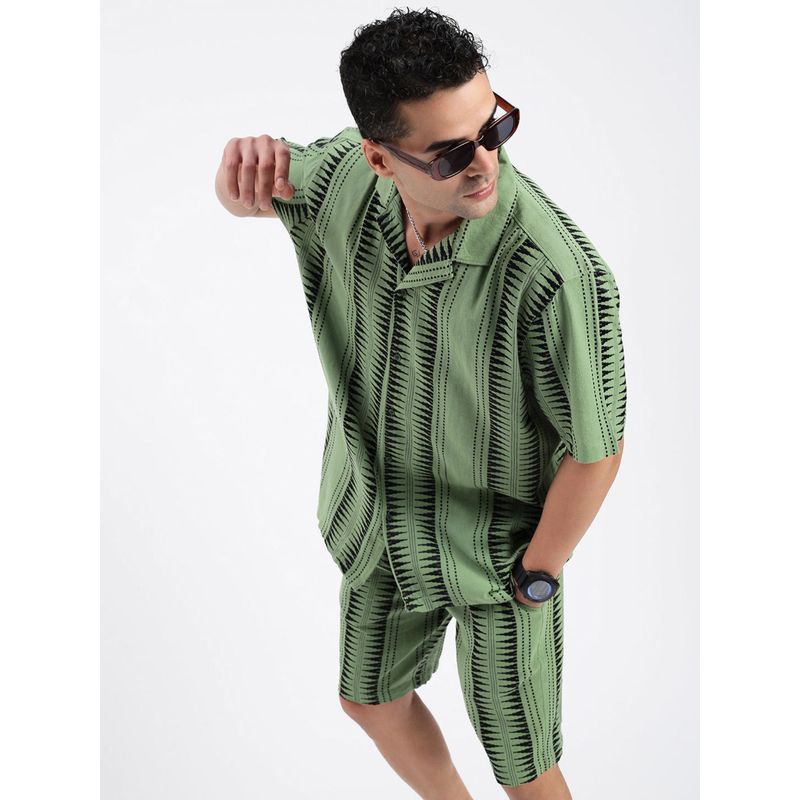 SHOWOFF Mens Cuban Collar Geometric Green Co-Ord (Set of 2) (M)