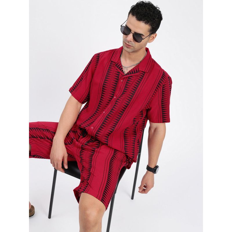 SHOWOFF Mens Cuban Collar Geometric Red Co-Ord (Set of 2) (M)