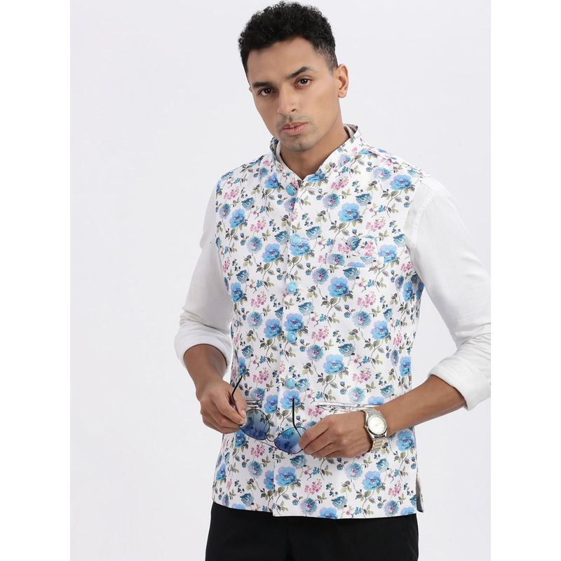 SHOWOFF Men White Floral Nehru Jacket (S)