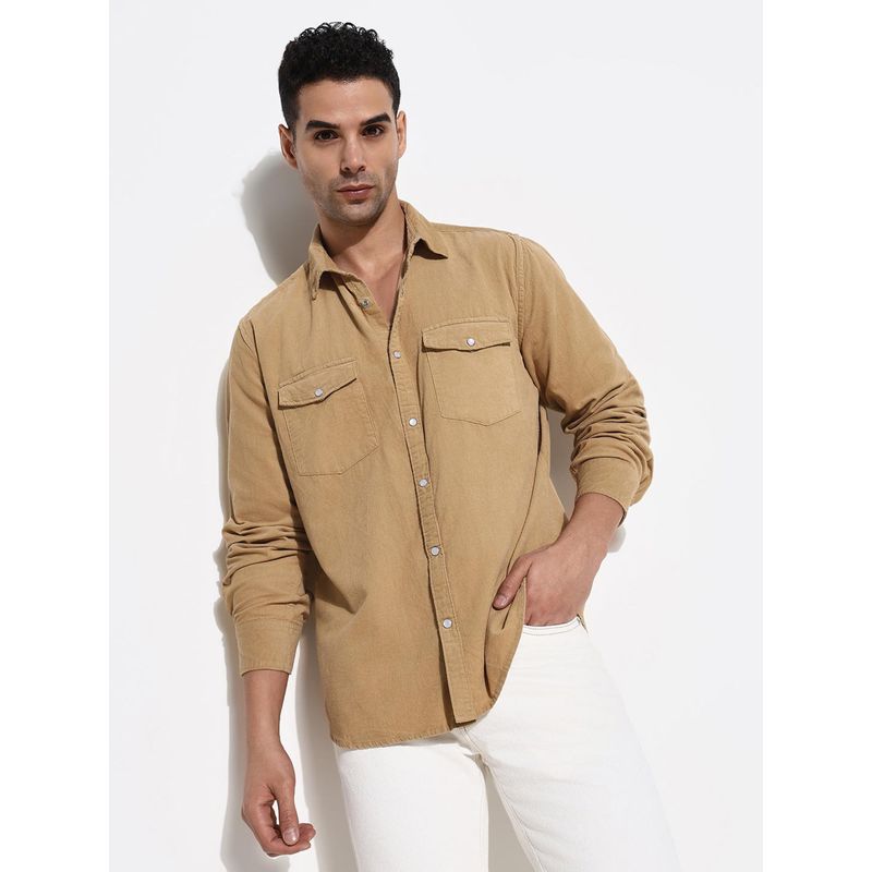 SHOWOFF Khaki Solid Slim Fit Shirt (M)