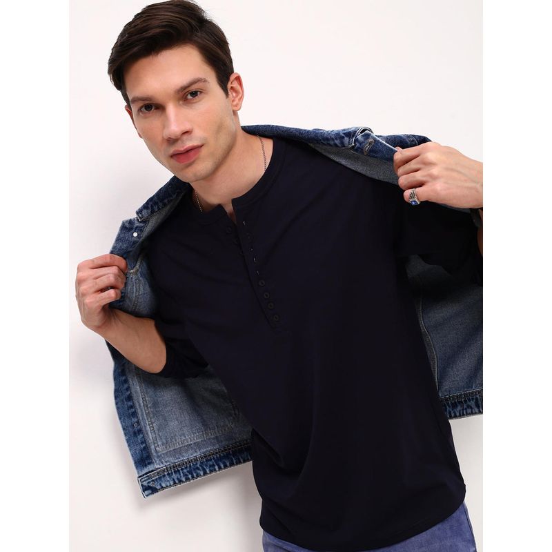 SHOWOFF Men Navy Blue Solid Full Sleeve T-Shirt (5XL)