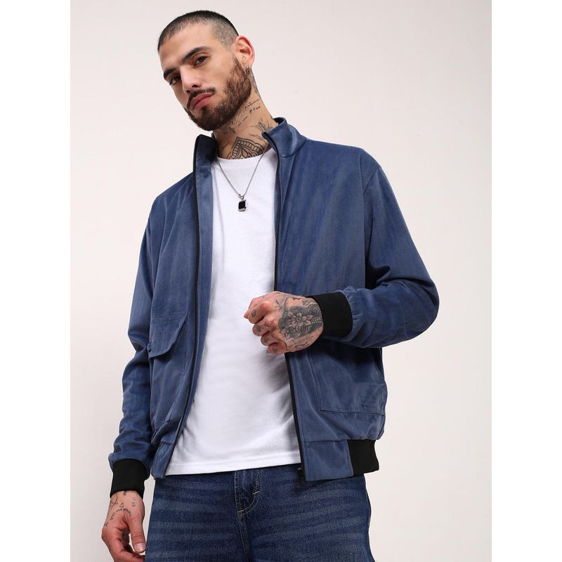SHOWOFF Mens Blue Solid Bomber Jacket (M)