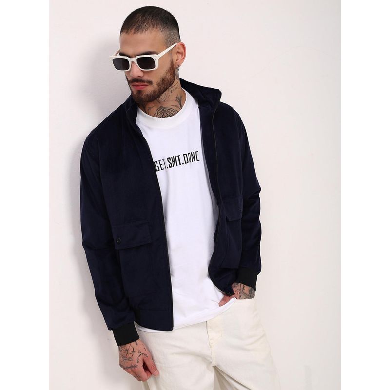 SHOWOFF Mens Navy Blue Solid Bomber Jacket (M)