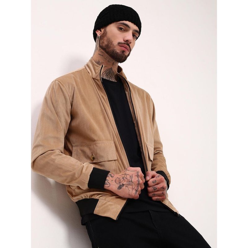 SHOWOFF Mens Beige Solid Bomber Jacket (M)