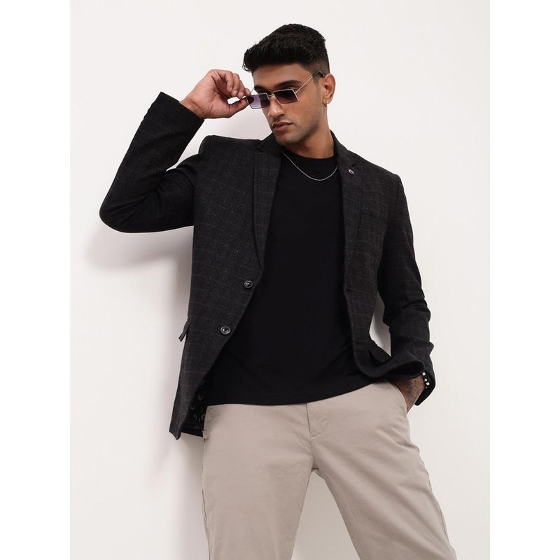 SHOWOFF Mens Black Checks Single Breasted Blazer (S)