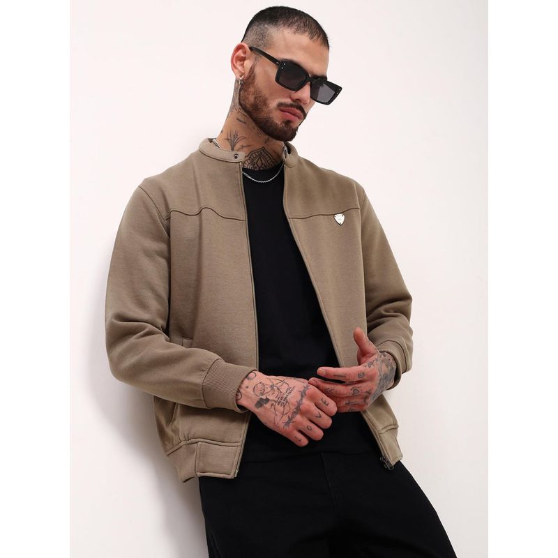 SHOWOFF Men's Khaki Solid Front-Open Sweatshirt (3XL)