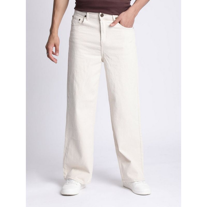 Bene Kleed Men Off White Ecru Wide Leg Mid Rise Jeans (28)