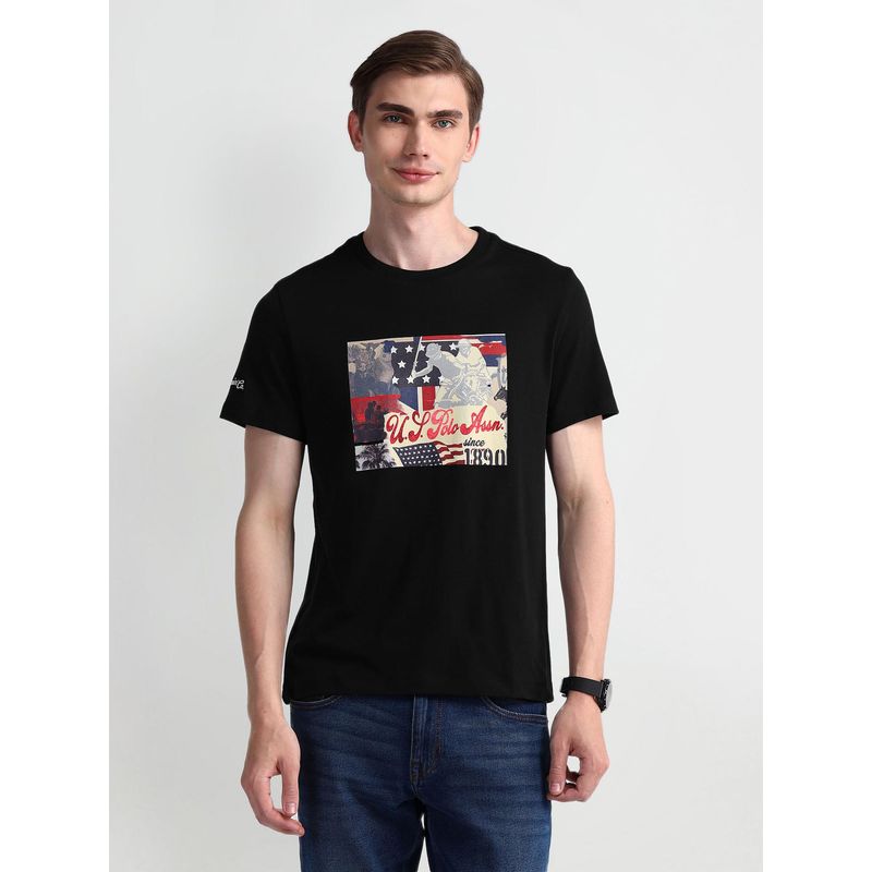 U.S. POLO ASSN. Graphic Black Half Sleeves Round Neck T-Shirt (M)