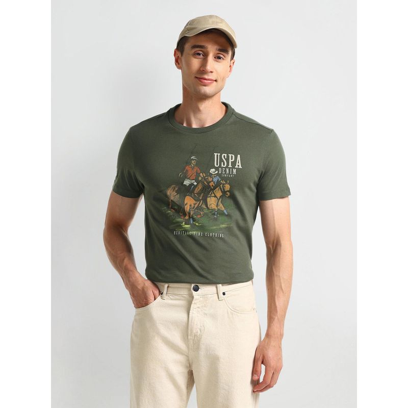 U.S. POLO ASSN. Graphic Olive Half Sleeves Round Neck T-Shirt (S)