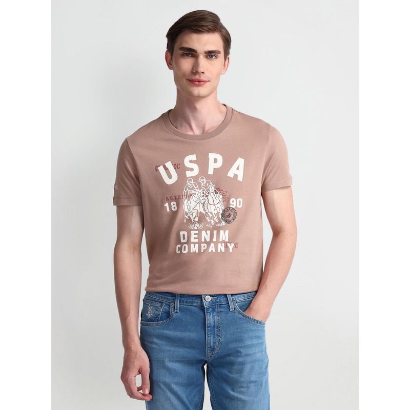 U.S. POLO ASSN. Graphic Brown Half Sleeves Round Neck T-Shirt (XL)