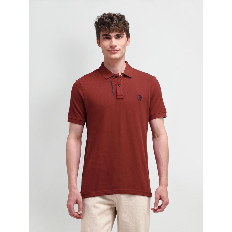 U.S. POLO ASSN. Solid/Plain Rust Half Sleeves Collar Neck Polo T-Shirt (S)