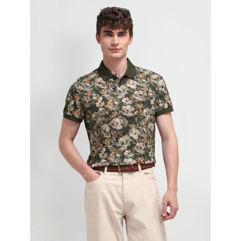 U.S. POLO ASSN. Floral Green Half Sleeves Collar Neck Polo T-Shirt (L)