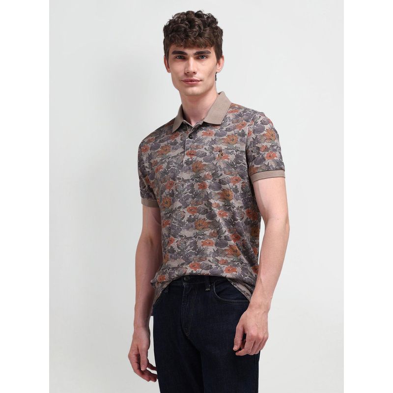 U.S. POLO ASSN. Floral Brown Half Sleeves Collar Neck Polo T-Shirt (L)