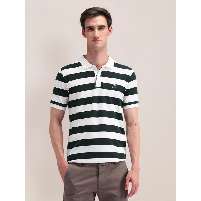 U.S. POLO ASSN. Stripes Dark Green Half Sleeves Collar Neck Polo T-Shirt (S)