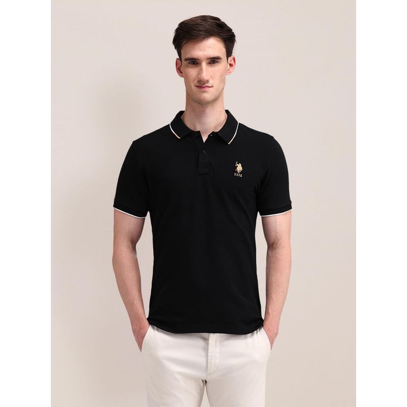 U.S. POLO ASSN. Solid/Plain Black Half Sleeves Collar Neck Polo T-Shirt (M)