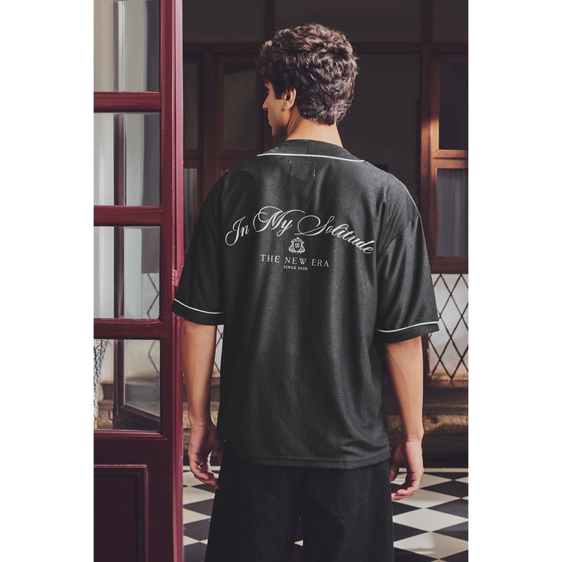 Snitch Black Printed Half Sleeves Oversized Shirt (M)