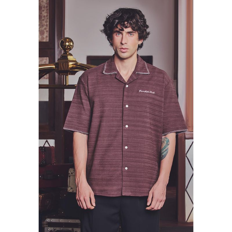 Snitch Maroon Textured Half Sleeves Boxy Shirt (S)
