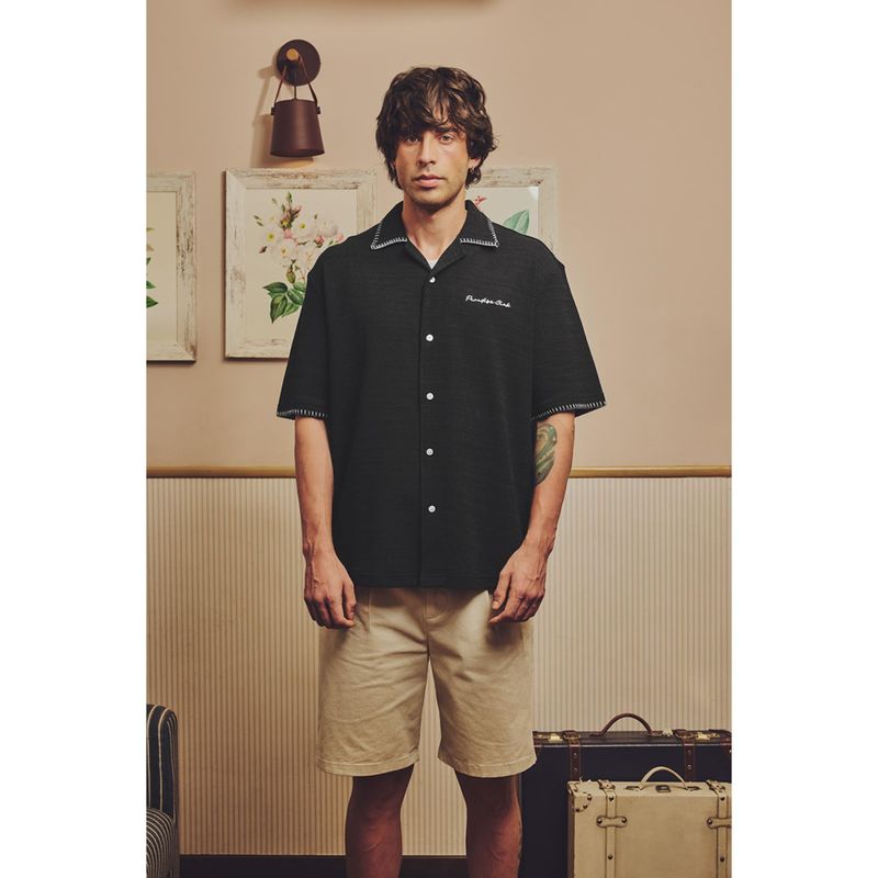 Snitch Black Textured Half Sleeves Boxy Shirt (S)