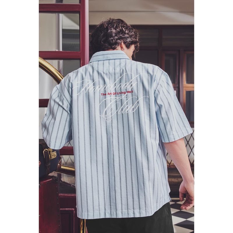 Snitch Blue Stripes Half Sleeves Boxy Shirt (XS)