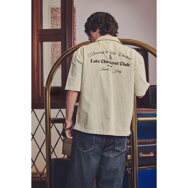 Snitch Beige Stripes Half Sleeves Boxy Shirt (XS)