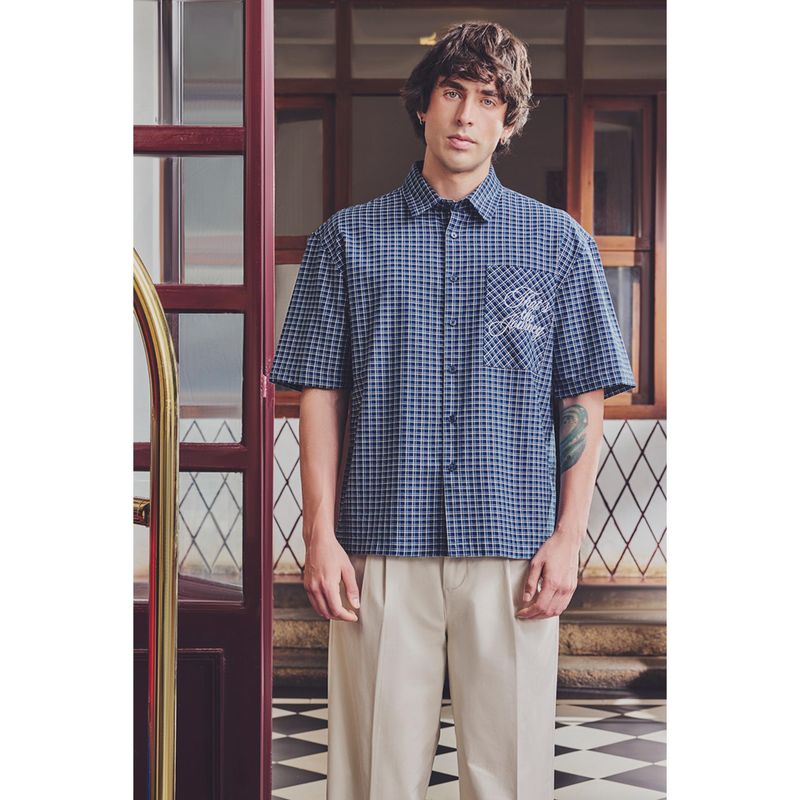 Snitch Blue Checks Half Sleeves Boxy Shirt (XS)