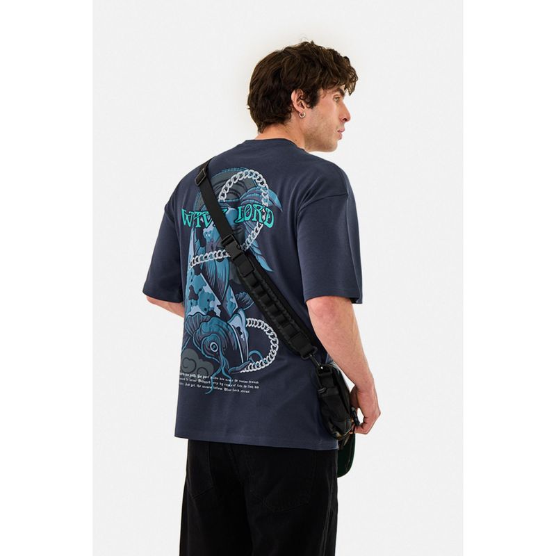 Snitch Navy Blue Graphic Half Sleeves Oversized Casual T-Shirt (S)