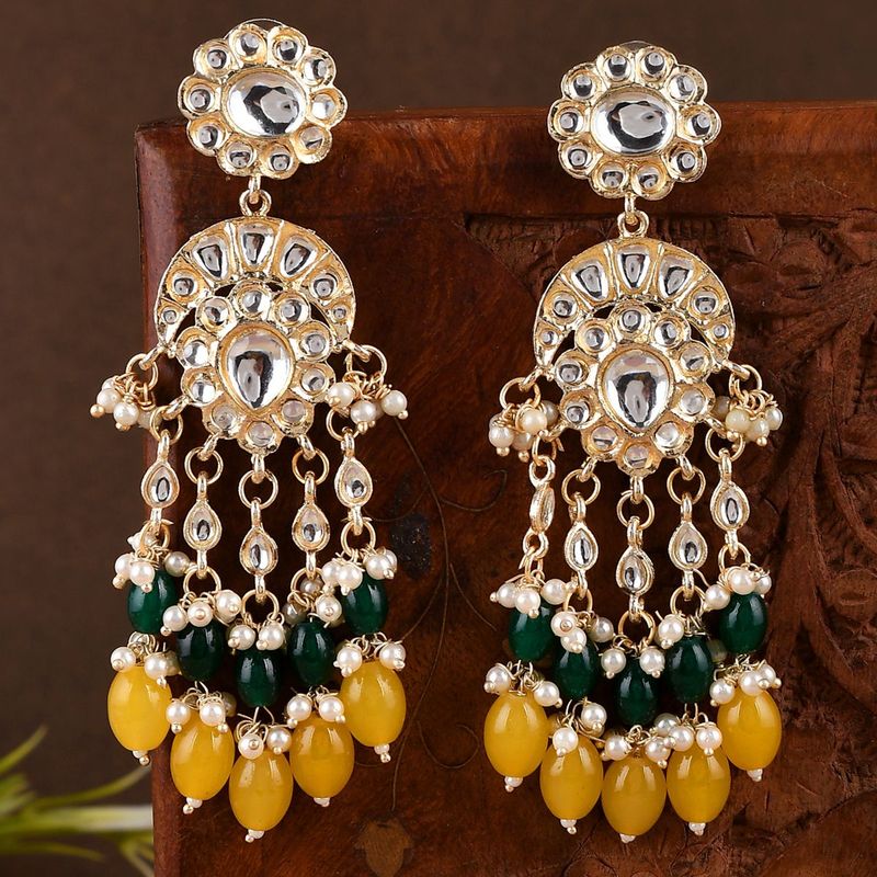Buy Shoshaa Gold Plated Green and Yellow Kundan Drop Earrings Online
